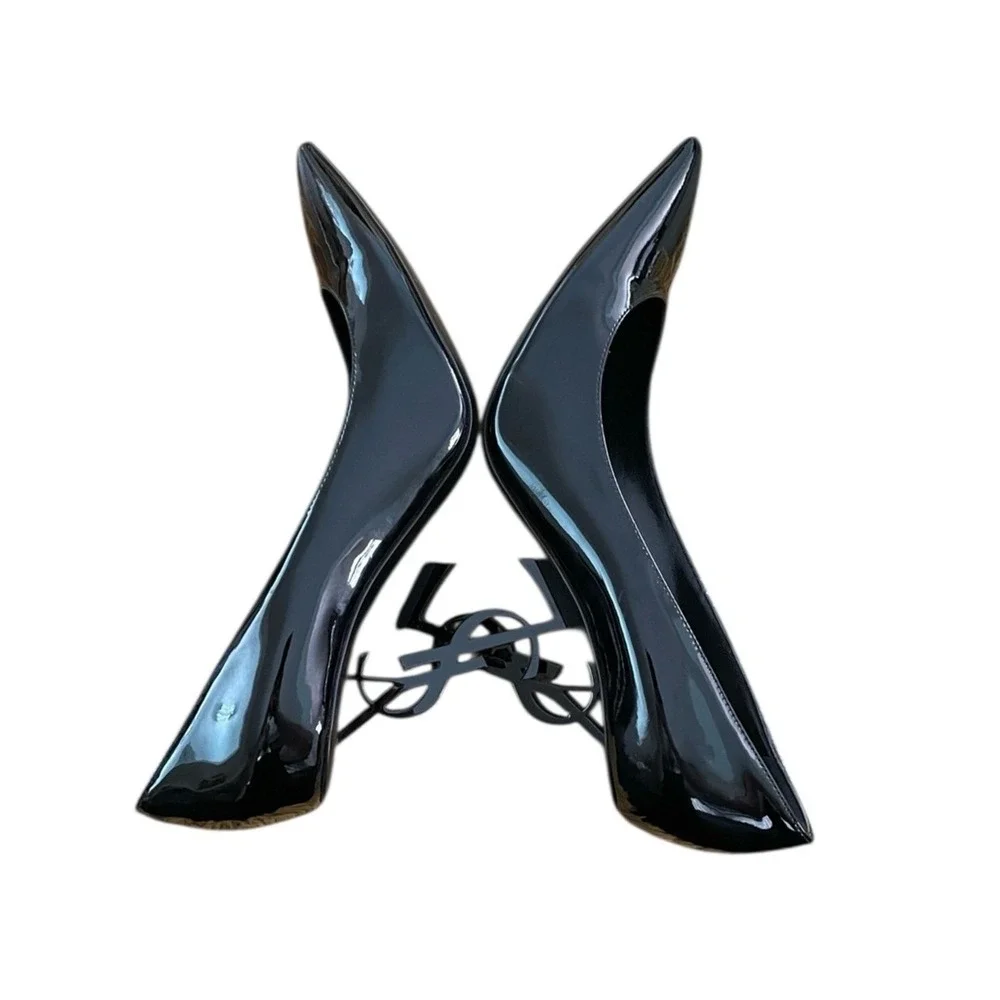 Saint Laurent Women's Black Nero Black Point Toe Vernice‎ Lucido Heels Size 38.5